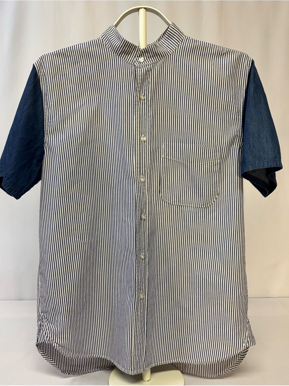 Vintage Barneys New York Striped Denim Sleeve Panel Shirt Men M Made in USA